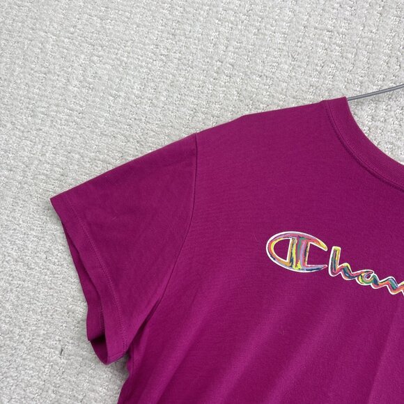 Champion T-shirt Women Sz M Fushia w/ Trippy Multicolor Script Logo Spell Out - Picture 3 of 8